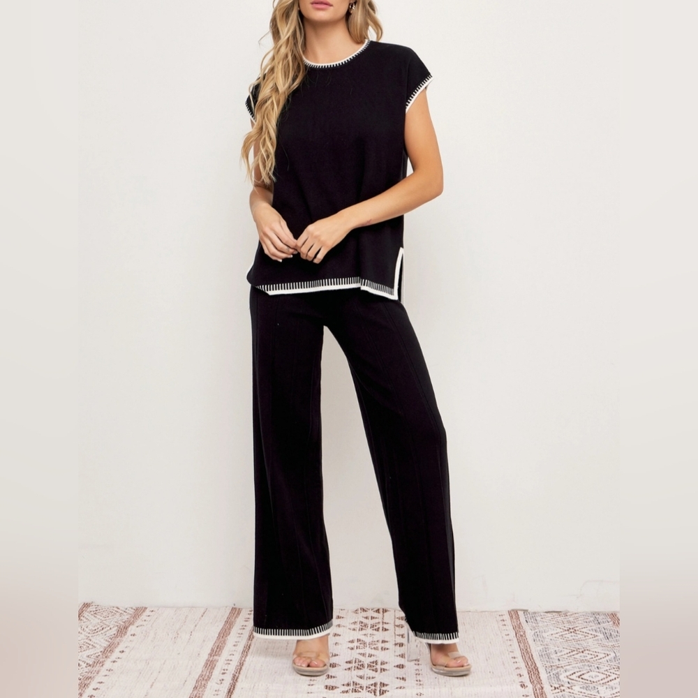 #51587 🛑L HIGH END Knit Sleeveless Top & Pants Set w/ Contrast